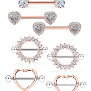 Ronbemo 4 Pairs Surgical Steel Nipple Rings Heart Nipple Barbell Crystal CZ Ball Nipple Hoop Piercing Jewelry for Women Rose Gold