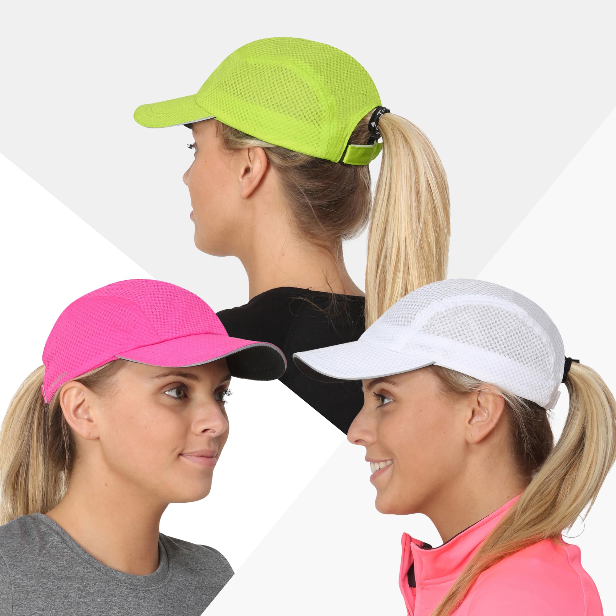 TrailHeads Women's Race Day Performance Running Cap, Lightweight & Quick Drying Mesh Sports Hat with Reflective Trim, Adjustable Fit - White-Cool Green-Pink Punch 3-pk