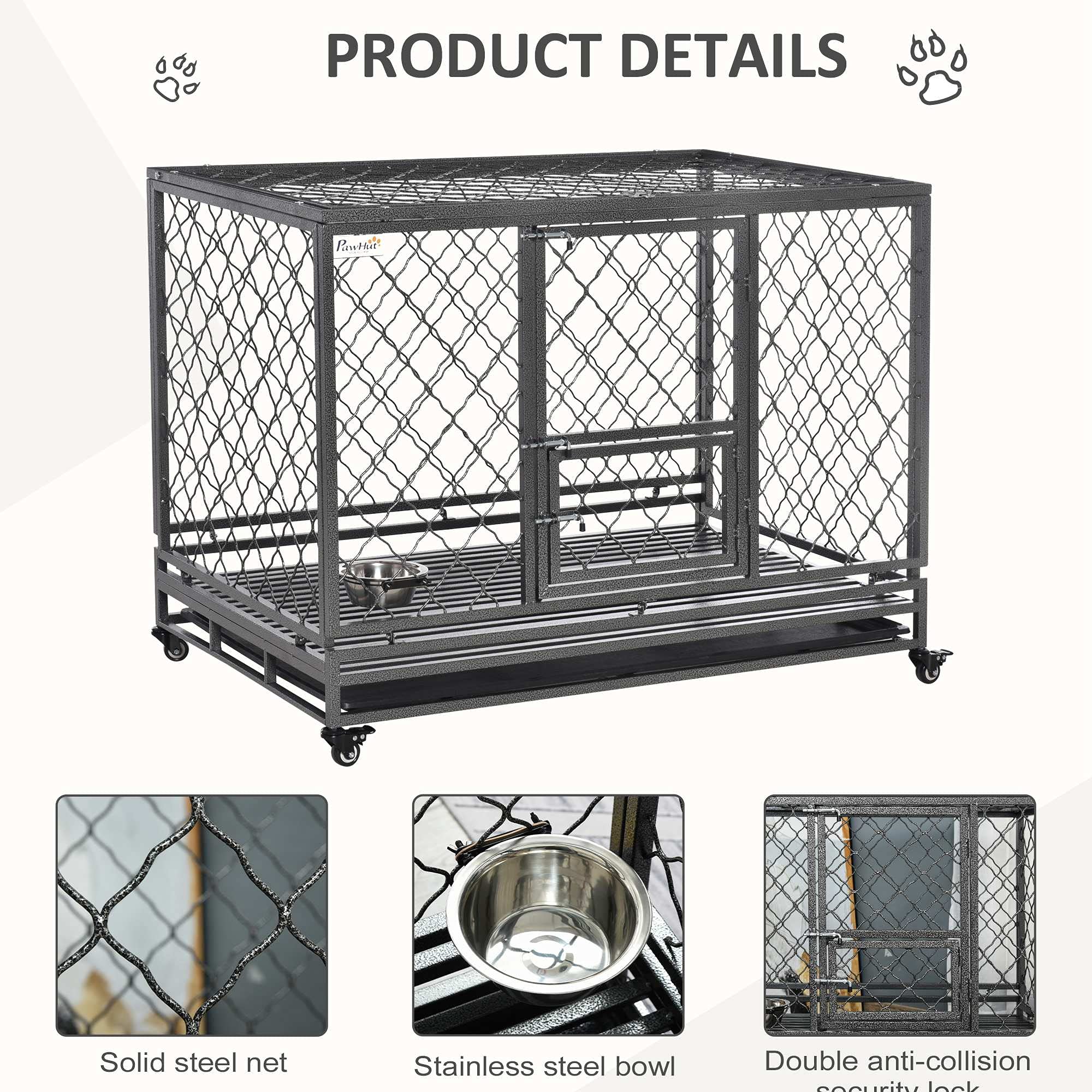 PawHut Heavy Duty Dog Crate Metal Kennel and Cage Dog Playpen with Lockable Wheels, Slide-Out Tray, Food Bowl and Double Doors, 49"