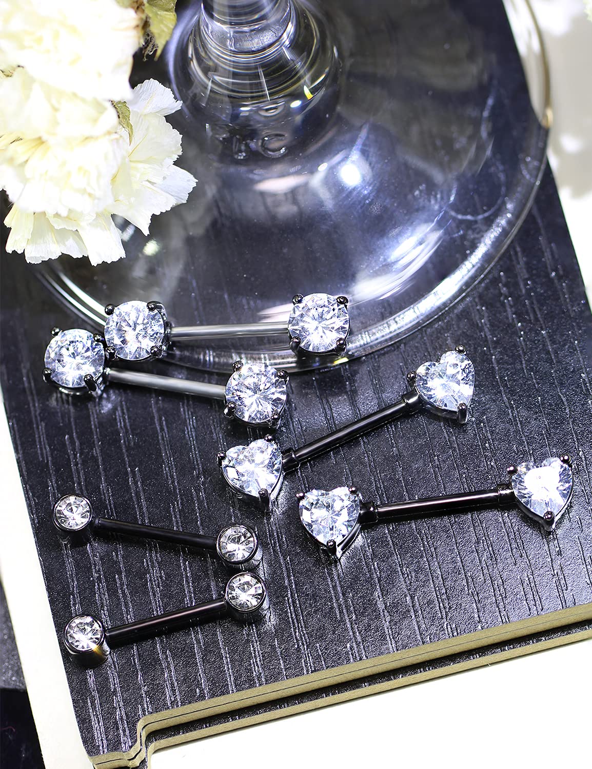 Ronbemo 3 Pairs Surgical Steel Nipple Ring CZ Straight Barbell Heart Rhinestone Nipple Studs Nipple Bar Body Piercing Jewelry for Women Black