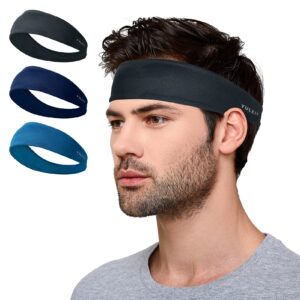 vulkit 3 pack sports headband for men or women, non-slip head band stretchy moisture wicking sweatbands(navy,blue,dark grey)