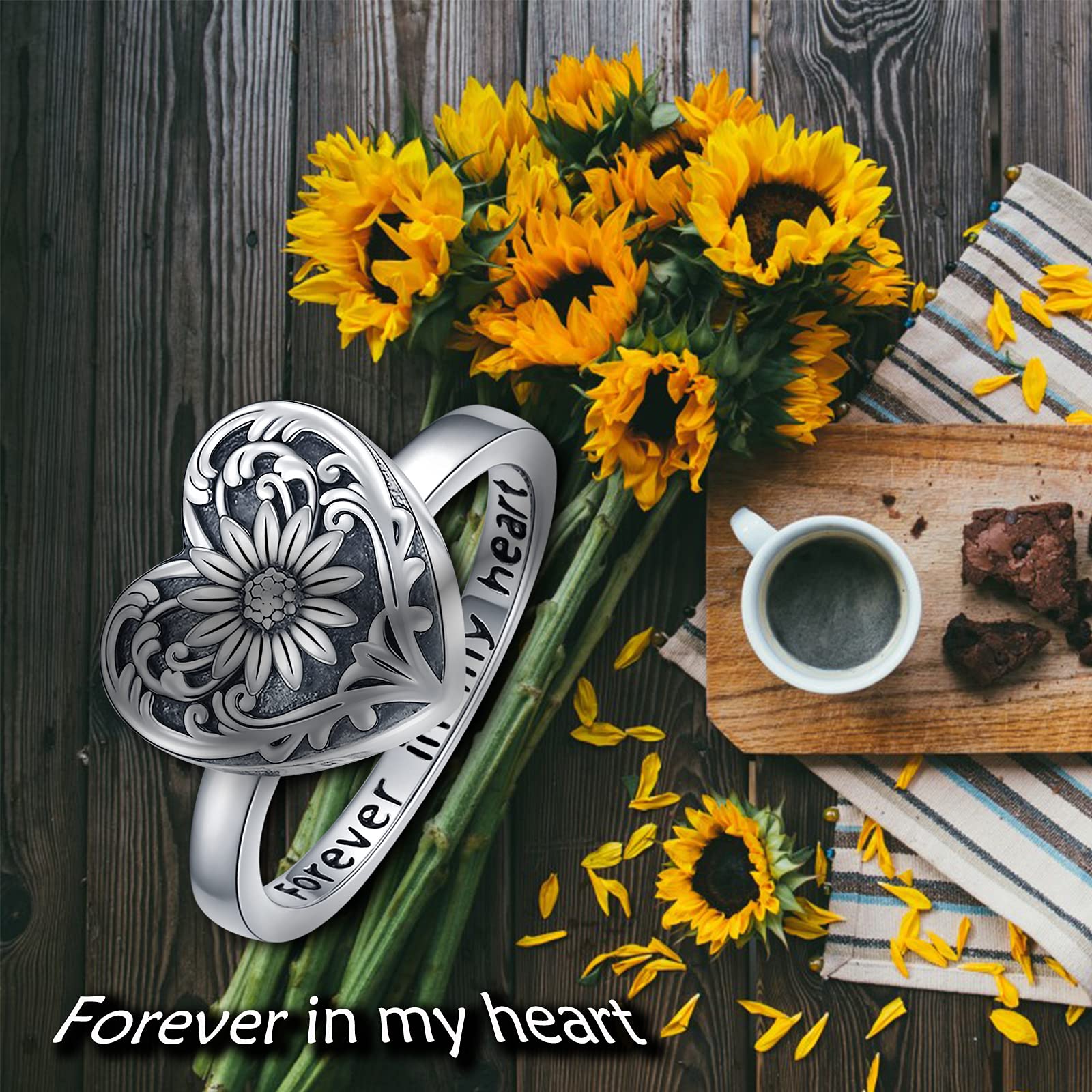 SOULMEET Sunflower Locket Urn Ring That Holds Loved Ones Ashes Sterling Silver Personalized Locket Band Keepsake Memorial Jewelry Cremation Rings for Women Size 7 (Forever in My Heart Engraving)