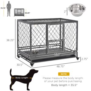 PawHut Heavy Duty Dog Crate Metal Kennel and Cage Dog Playpen with Lockable Wheels, Slide-Out Tray, Food Bowl and Double Doors, 49"