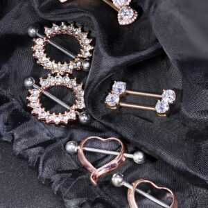 Ronbemo 4 Pairs Surgical Steel Nipple Rings Heart Nipple Barbell Crystal CZ Ball Nipple Hoop Piercing Jewelry for Women Rose Gold