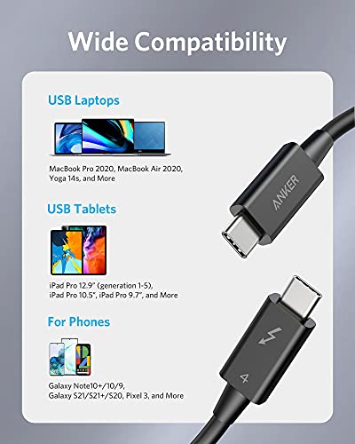 Anker Thunderbolt 4 Cable 2.3 ft, USB-C to USB C Cable, Supports 8K Display/40Gbps Data Transfer/100W Charging, for iPhone 15 Pro, MacBooks, iPad Pro (Intel Thunderbolt Certified), Monitor Connection