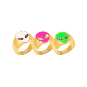 Colorful UFO Alien Ring Gold Band Rings Set for Women Couple CuteAlien Plain Enamel Stackable Finger Ring