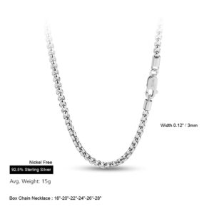 Meilanduo Solid 925 Sterling Silver 3mm Round Box Chain Necklace 18, 20, 22, 24, 26, 28 Inch for Men Women (20)