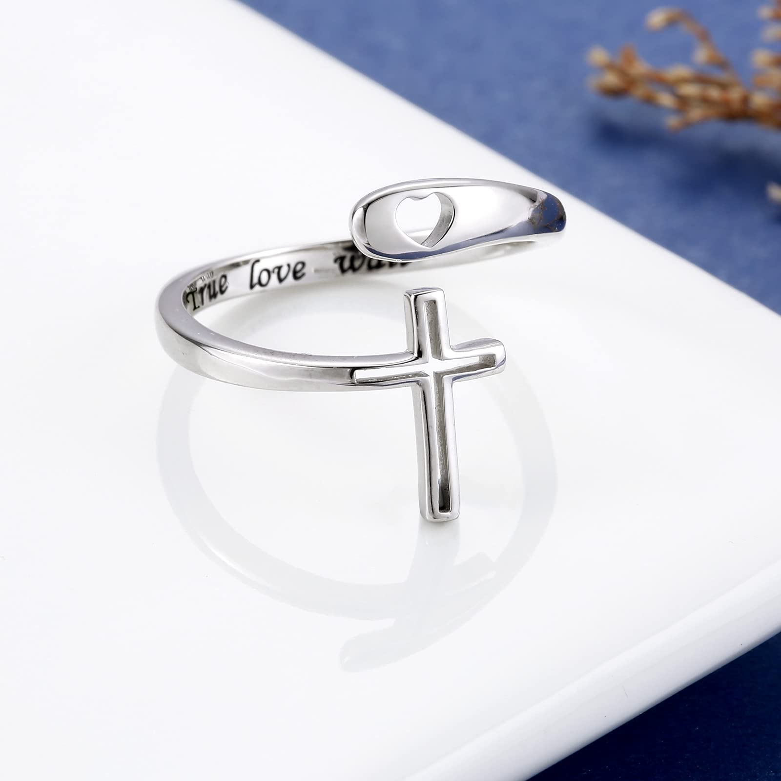 APOTIE True Love Waits Cross Ring - Sterling Silver Christian Heart Adjustable Rings Jewelry Gift for Women