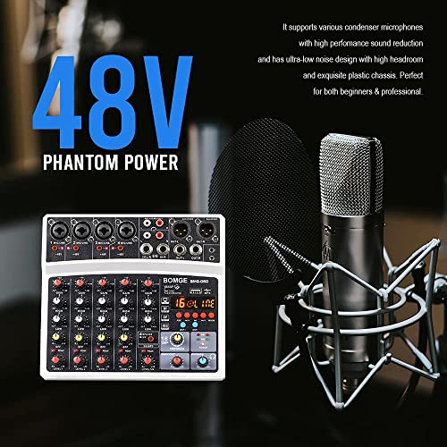 BOMGE 6 Channel Audio Sound Mixer - Professional Digital DJ Mixing Console for Live Streaming, Karaoke and Stereo Recording - With PC Computer Record Playback/Bluetooth/MP3/USB/48V /16 DSP Echo