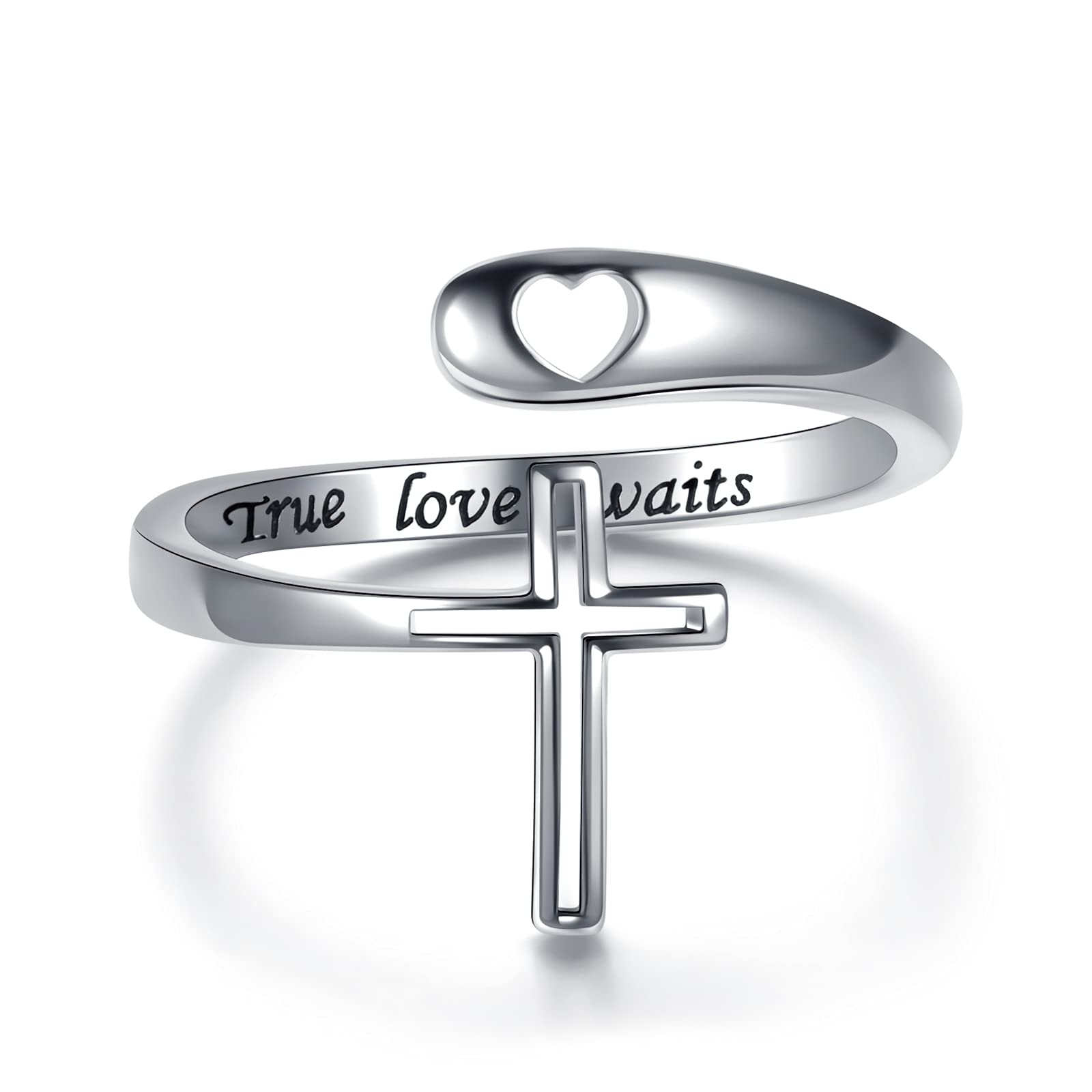 APOTIE True Love Waits Cross Ring - Sterling Silver Christian Heart Adjustable Rings Jewelry Gift for Women