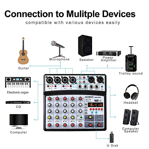 BOMGE 6 Channel Audio Sound Mixer - Professional Digital DJ Mixing Console for Live Streaming, Karaoke and Stereo Recording - With PC Computer Record Playback/Bluetooth/MP3/USB/48V /16 DSP Echo