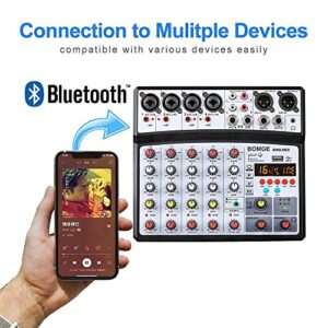 BOMGE 6 Channel Audio Sound Mixer - Professional Digital DJ Mixing Console for Live Streaming, Karaoke and Stereo Recording - With PC Computer Record Playback/Bluetooth/MP3/USB/48V /16 DSP Echo