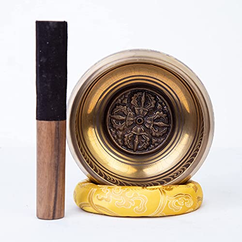 Large Tibetan Singing bowl Set - Bronze Style - Easy To Play - 5" Sound Yoga Bowl Mantra Design Mindfulness Meditation Healing Sound Gift By Himalayan Bazaar