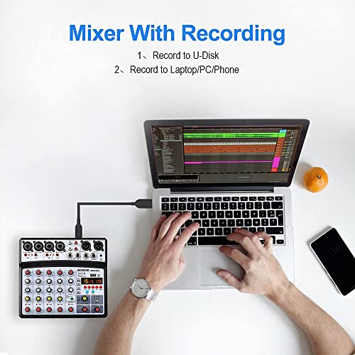 BOMGE 6 Channel Audio Sound Mixer - Professional Digital DJ Mixing Console for Live Streaming, Karaoke and Stereo Recording - With PC Computer Record Playback/Bluetooth/MP3/USB/48V /16 DSP Echo