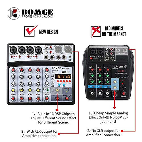 BOMGE 6 Channel Audio Sound Mixer - Professional Digital DJ Mixing Console for Live Streaming, Karaoke and Stereo Recording - With PC Computer Record Playback/Bluetooth/MP3/USB/48V /16 DSP Echo