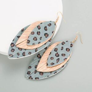 Boho Layered Leather Leaf Earrings for Women Girls Vintage Leopard Print Long Big Summer Statement Drop Dangle Hook Stud Lightweight Vintage Bohemian Beachy Jewelry (Blue)