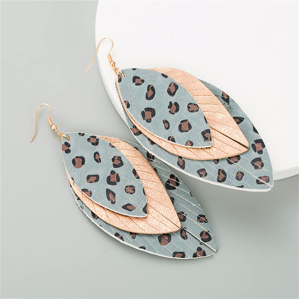 Boho Layered Leather Leaf Earrings for Women Girls Vintage Leopard Print Long Big Summer Statement Drop Dangle Hook Stud Lightweight Vintage Bohemian Beachy Jewelry (Blue)