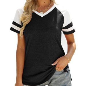 Womens V Neck Summer T-Shirts Casual Short Sleeve Tops Loose Fit Shirts Blouse Black