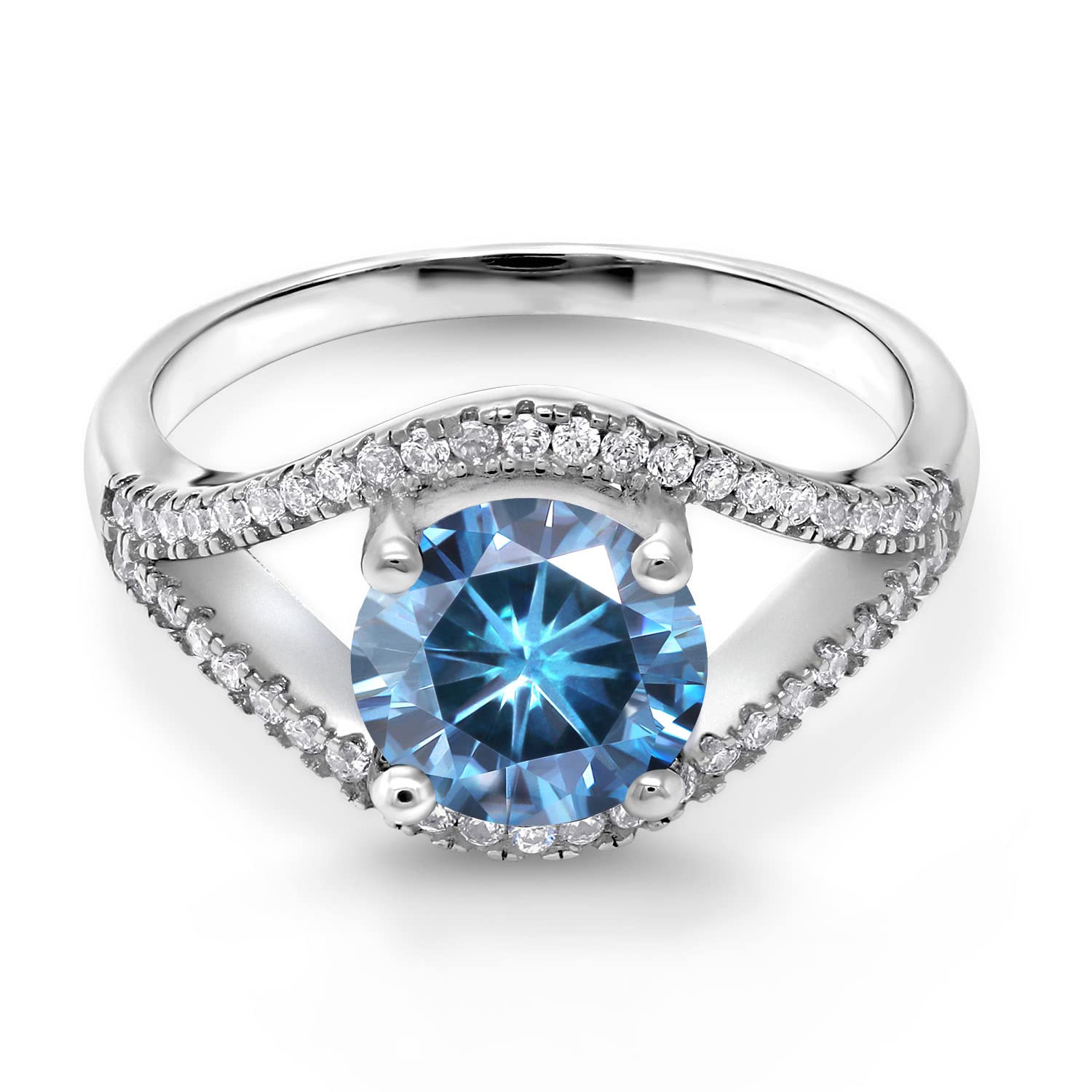 Gem Stone King 925 Sterling Silver Round Persian Blue Moissanite Engagement Ring For Women (2.40 Cttw, Available In Size 5, 6, 7, 8, 9)