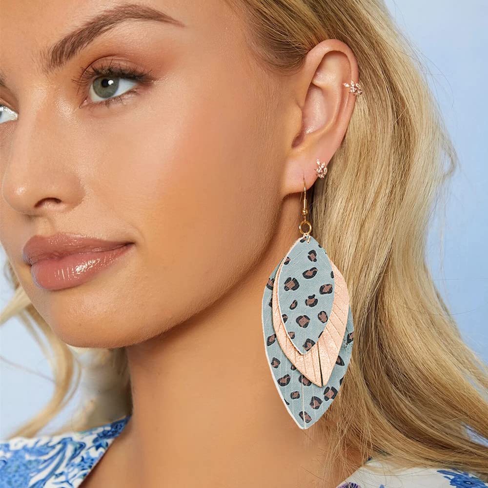 Boho Layered Leather Leaf Earrings for Women Girls Vintage Leopard Print Long Big Summer Statement Drop Dangle Hook Stud Lightweight Vintage Bohemian Beachy Jewelry (Blue)