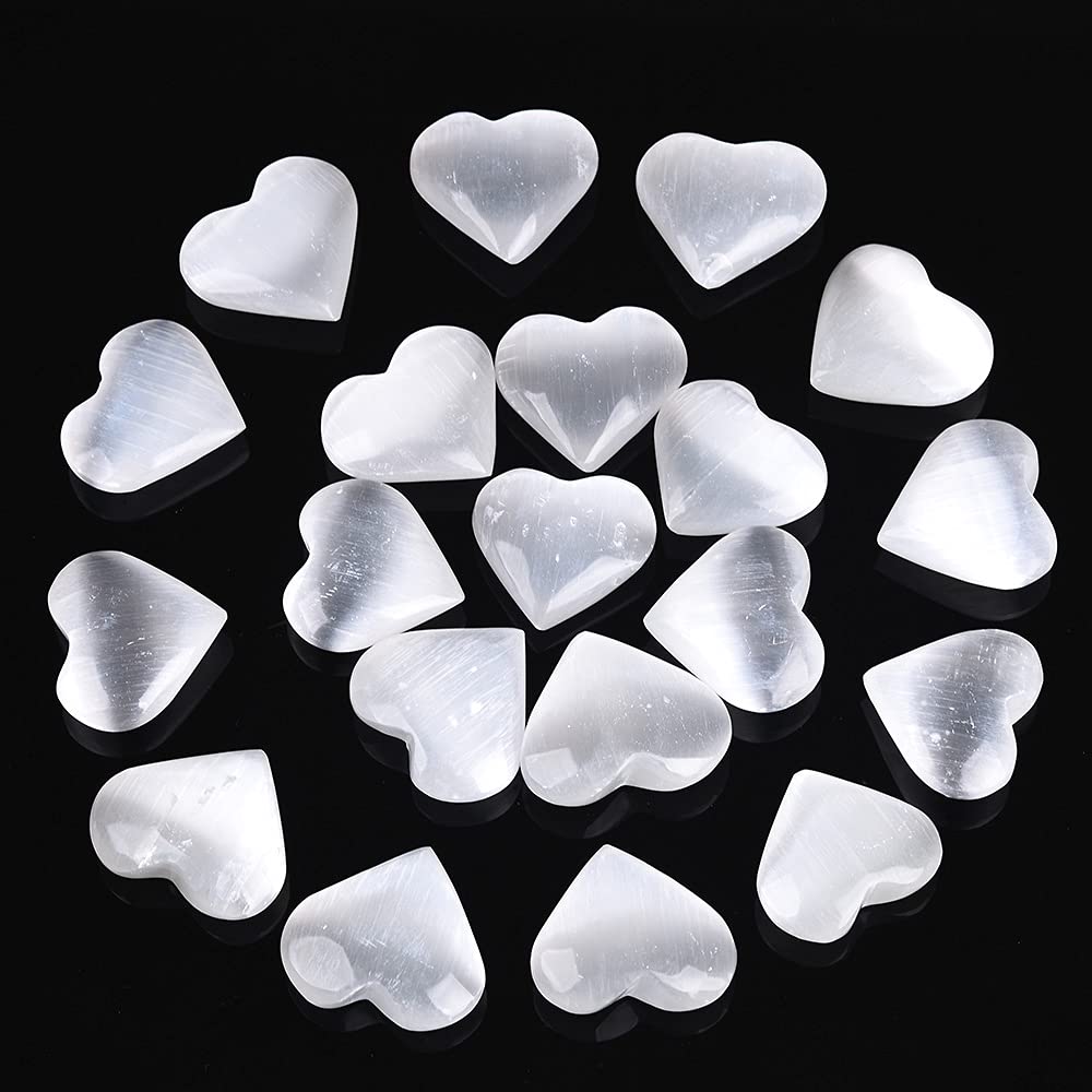 AMOYSTONE 20Pcs Selenite Crystal Heart Worry Stone 1.4-1.6" - Puffy Palm Pocket Heart Stone for Cleansing, Protection and Home Decoration Gift