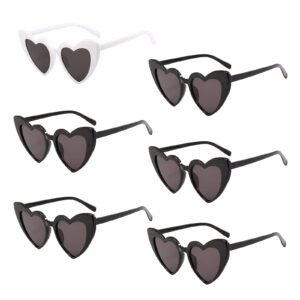 PHABULS 6 Pack Vintage Heart Shape Cat Eye Sunglasses for Women Girl Bulk Retro Goggles for Bridal Bachelorette Party (5 Black + 1 White)