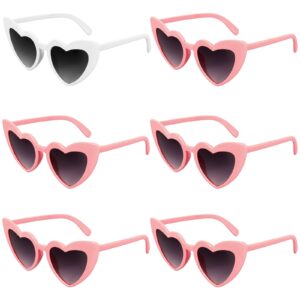 PHABULS 6 Pack Heart Shaped Cat Eye Sunglasses, Vintage Retro Goggles for Women and Girl, Set of 6 Bulk for Bride and Bridesmaids Bachelorette Party (5 Pink+ 1 White)