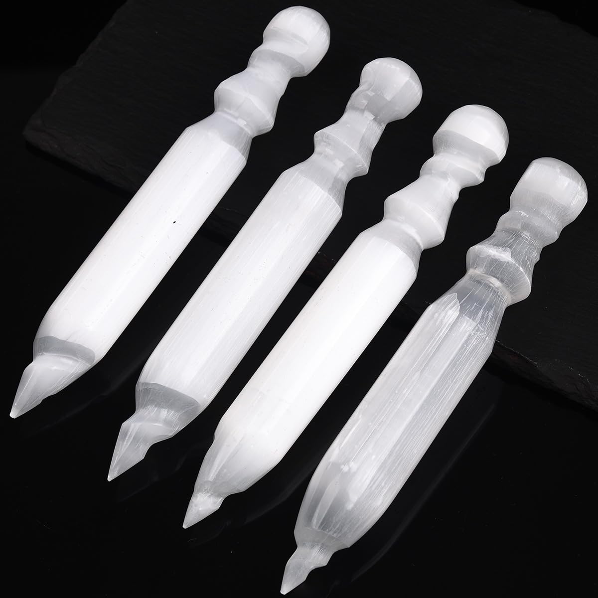 JIC Gem 4 Pcs Selenite Wand 6 Inch Natural Spiral Selenite Sticks Crystal Point for Reiki, Healing, Meditation, Chakra, Positive Energy