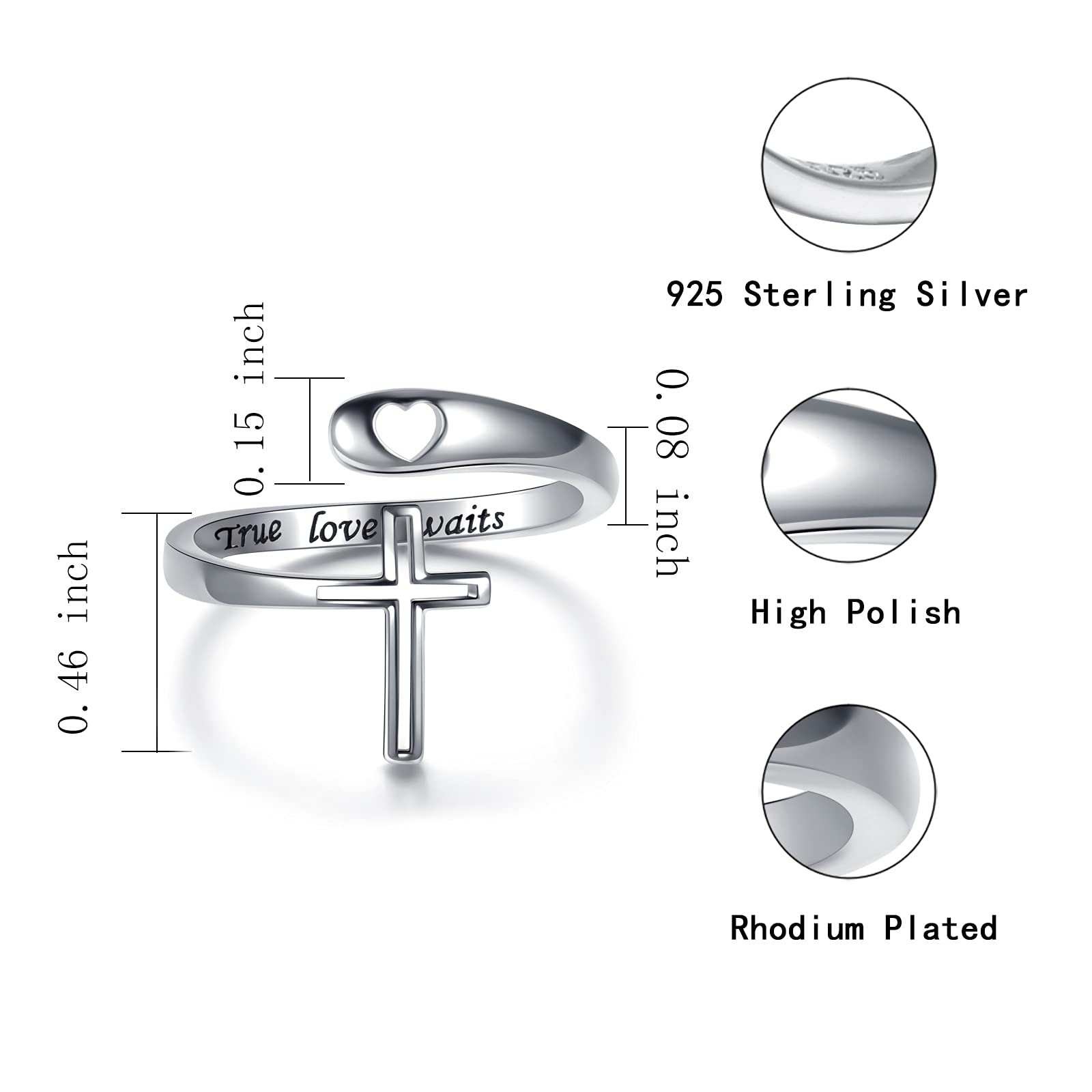 APOTIE True Love Waits Cross Ring - Sterling Silver Christian Heart Adjustable Rings Jewelry Gift for Women