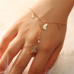 Butterfly Finger Ring Bracelet for Women 14K Gold Plated Dainty Star Slave Hand Chain Harness Bangle Boho Gypsy Bollywood Beach Wedding Retro Party Y2K Jewelry 2 Pieces