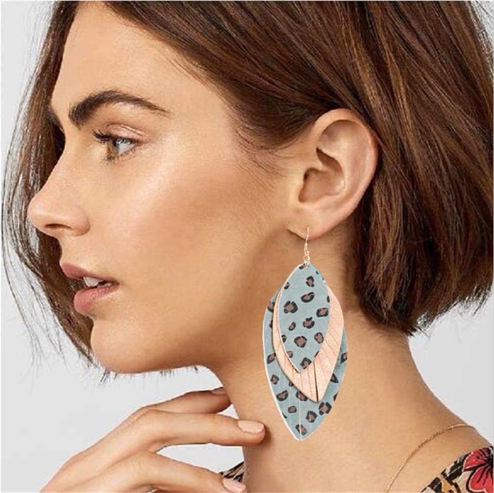 Boho Layered Leather Leaf Earrings for Women Girls Vintage Leopard Print Long Big Summer Statement Drop Dangle Hook Stud Lightweight Vintage Bohemian Beachy Jewelry (Blue)