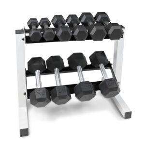 wf athletic supply 5-25lb rubber coated hex dumbbell set with two tier storage rack non-slip hex shape for muscle toning, strength building & weight loss, white rack, straight handle