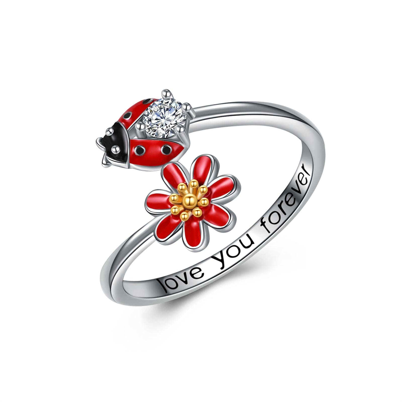 POPLYKE Ladybug Ring Jewelry for Women Sterling Silver Ladybug Daisy Rings Size (8)