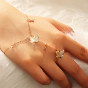 Butterfly Finger Ring Bracelet for Women 14K Gold Plated Dainty Star Slave Hand Chain Harness Bangle Boho Gypsy Bollywood Beach Wedding Retro Party Y2K Jewelry 2 Pieces