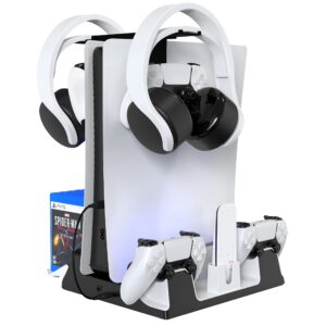 EJGAME Stand with Suction Cooling Fan and Dual Controller Charger Station Compatible with PS5 Console and PS5 Digital Edition, Built-in Headset Holder,Media Remote Stand and14 Game Rack Organizer