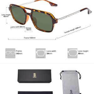 SOJOS Vintage Polarized Aviator Sunglasses for Women Men 70s Retro Flat Narraw Rectangular Womens Glasses SJ2186 with Leopard/Green Lens