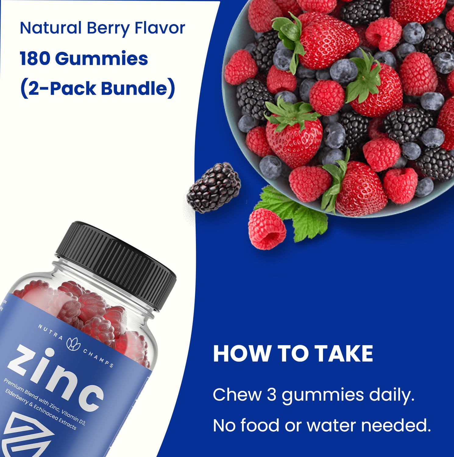 Zinc Gummies | 4-in-1 Zinc Gummies Adult | Zinc Chewable 50mg | Chewable Zinc Supplement Gummies with Vitamin D3 2000 IU, Elderberry & Echinacea | Immune, Heart & Brain Support | 180 Count (2 Pack)