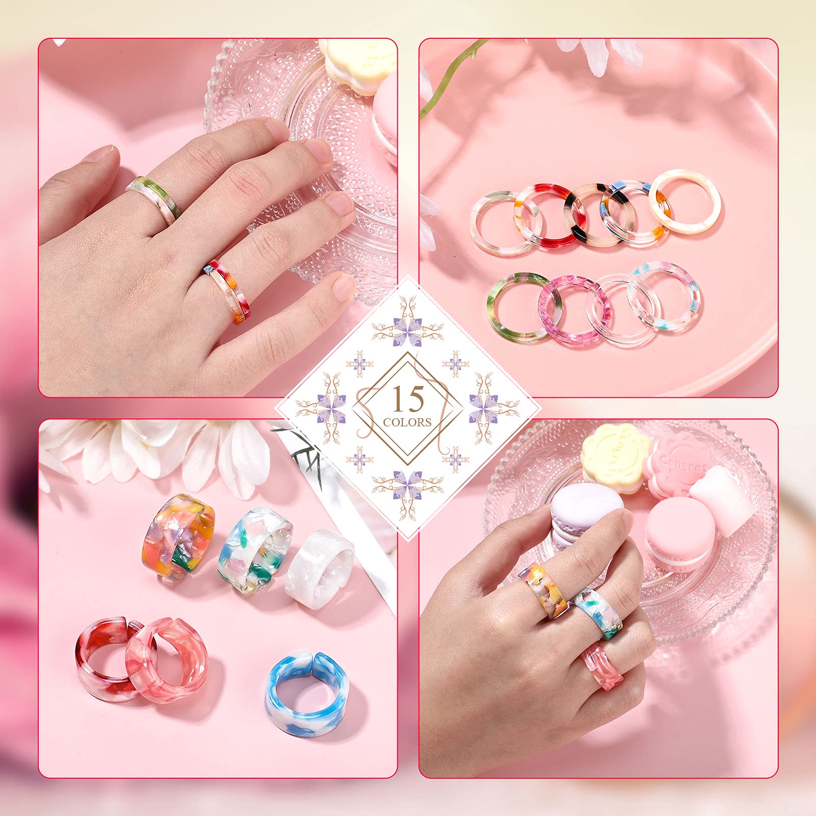 Hicarer 15 Pieces Resin Rings Colorful Acrylic Rings for Women Open Adjustable Thick and Thin Round Rings Set Vintage Tortoise Marble Transparent Rings Stackable Band Rings