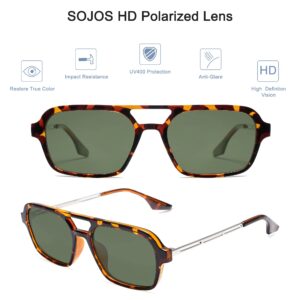 SOJOS Vintage Polarized Aviator Sunglasses for Women Men 70s Retro Flat Narraw Rectangular Womens Glasses SJ2186 with Leopard/Green Lens