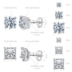 18K White Gold Plated Round Princess Cut Clear Cubic Zirconia Stud Earring of 6 Pairs (6 Pairs)