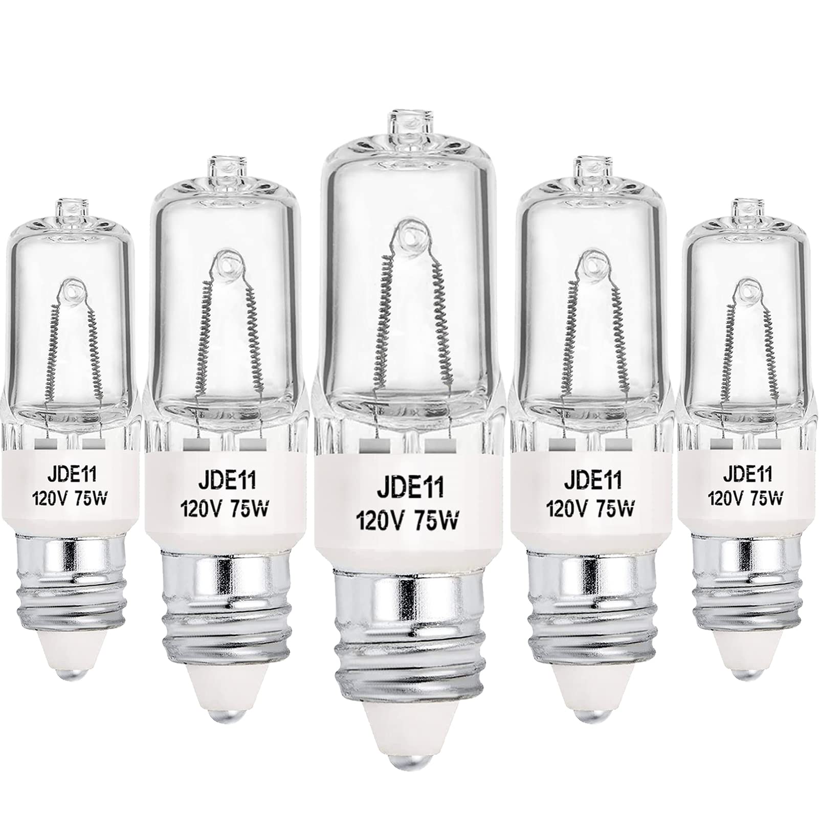 YBEK JDE11 75W 120V Halogen Bulb T4 Mini Candelabra Base Warm White 2800K Dimmable JD E11 Bulbs(Pack of 5)