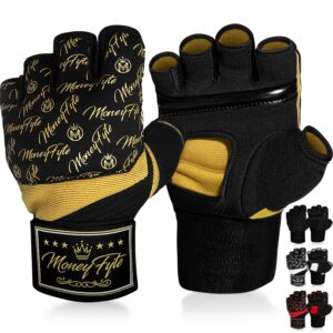 moneyfyte quick gel boxing wraps under boxing gloves - kickboxing mma muay thai - fist, knuckle, wrist wrap protection inner glove hand wraps - men women kids (black/gold, l/xl)