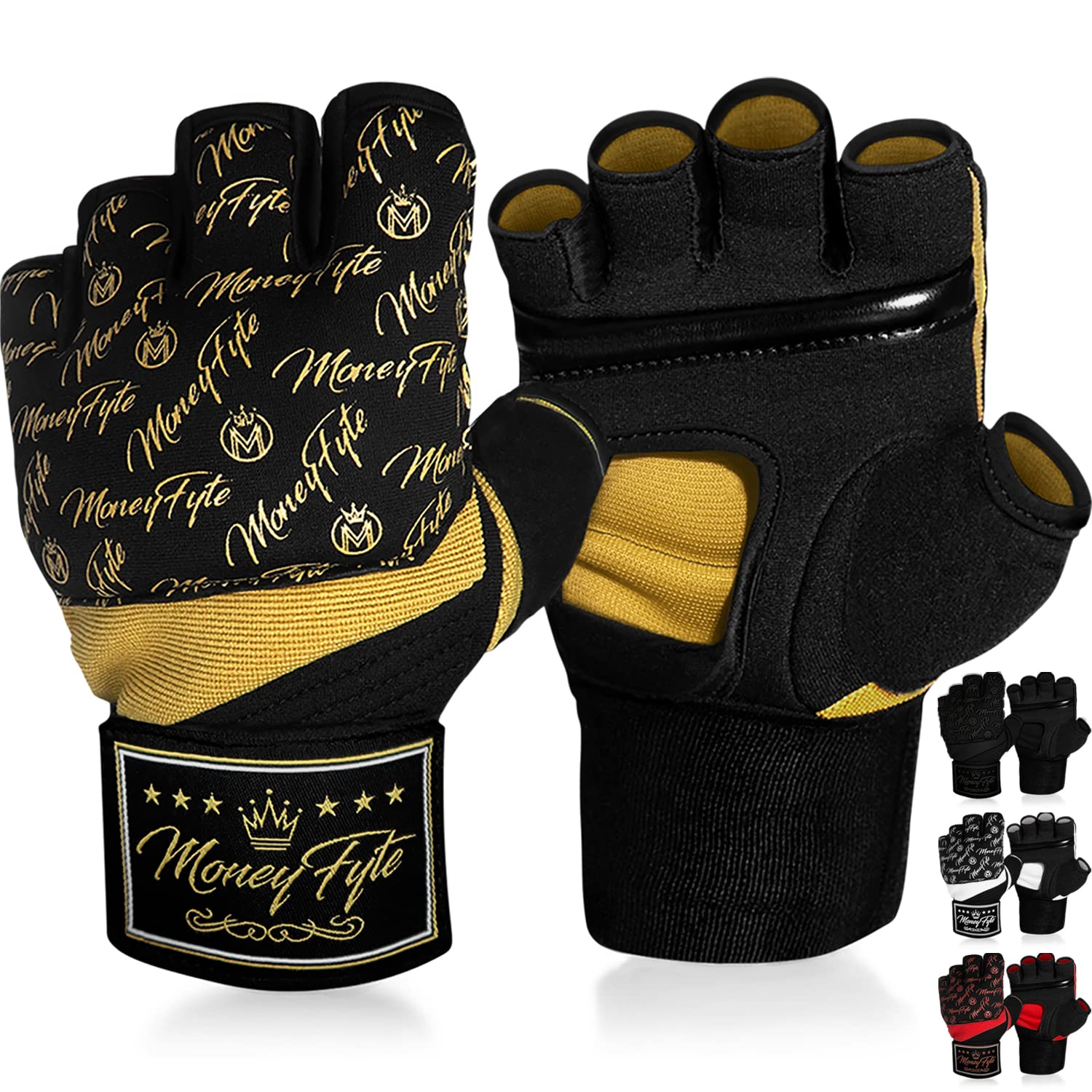 MoneyFyte Quick Gel Boxing Wraps Under Boxing Gloves - Kickboxing MMA Muay Thai - Fist, Knuckle, Wrist Wrap Protection Inner Glove Hand Wraps - Men Women Kids (Black/Gold, L/XL)