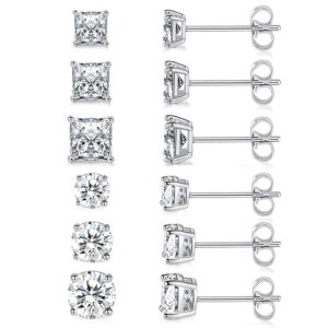 18K White Gold Plated Round Princess Cut Clear Cubic Zirconia Stud Earring of 6 Pairs (6 Pairs)