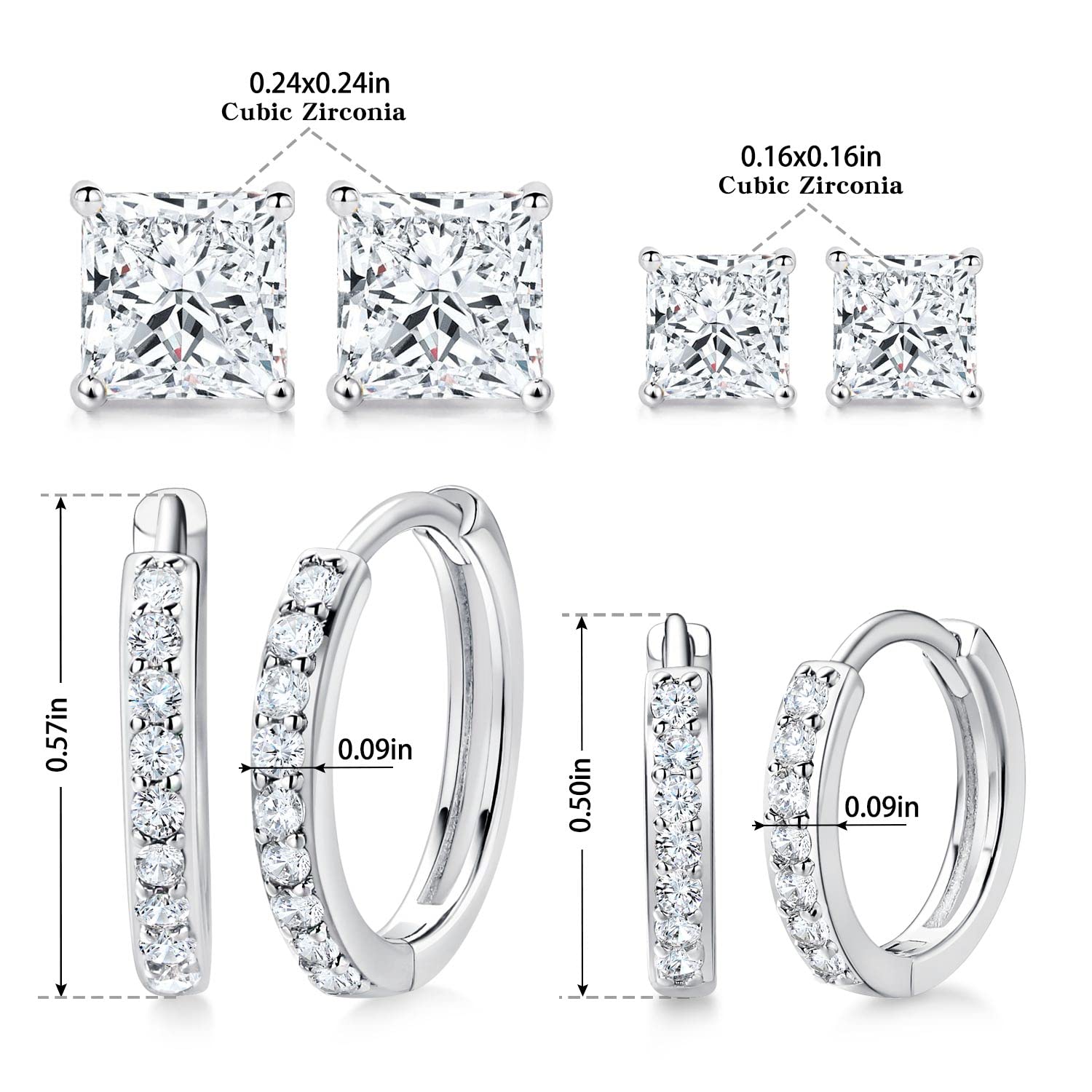 18K White Gold Plated Cubic Zirconia Tiny Huggie Hoop Earrings Pack for women men 4 Pairs