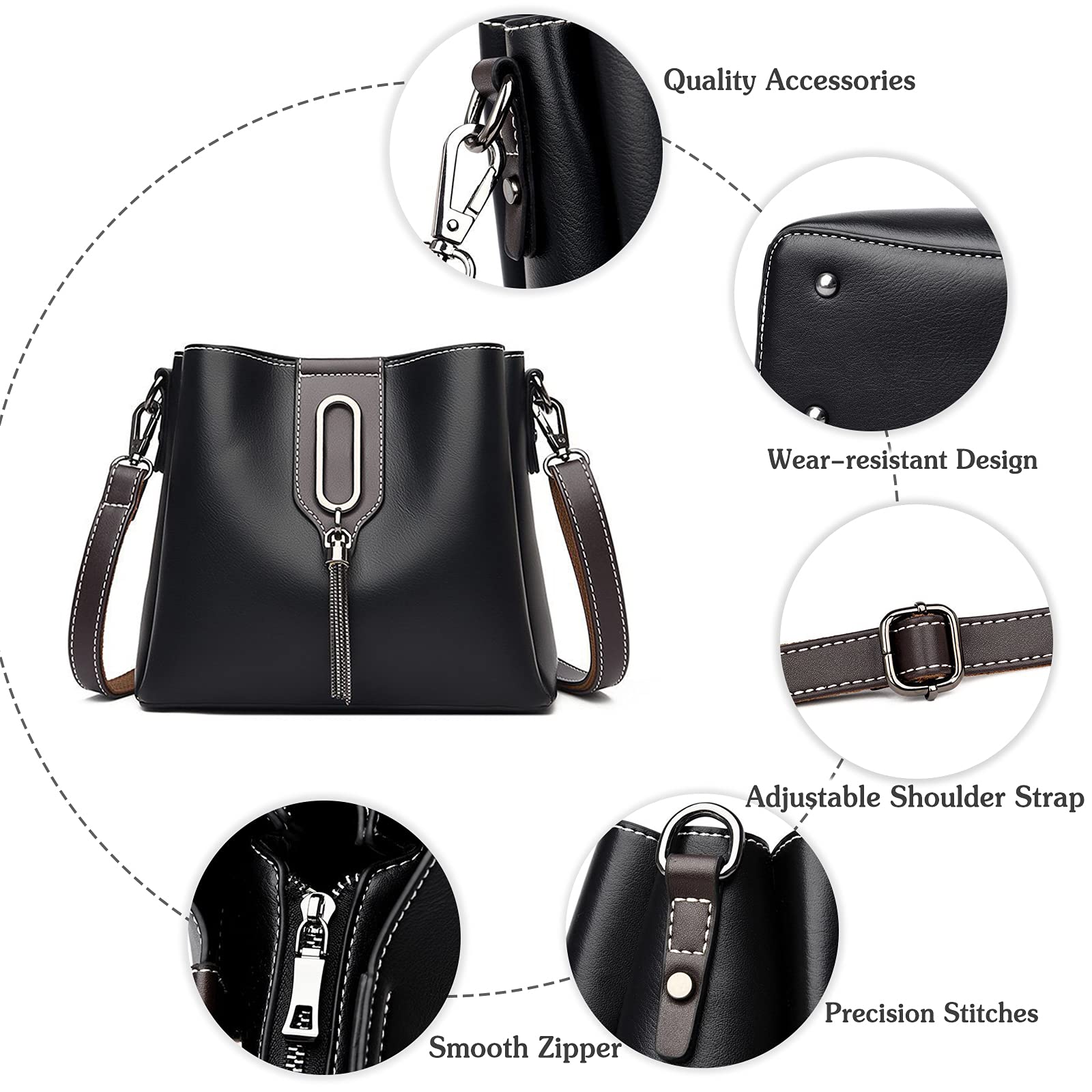 PORRASSO Women Handbag Fashion Bucket Bag Ladies Crossbody Bag Satchel Tote Top Handle Bags Leather Waterproof Shoulder Bag for Work Travel Daily Use Black