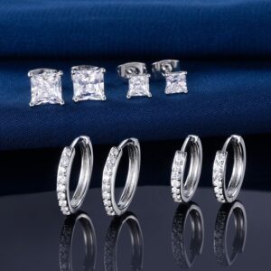 18K White Gold Plated Cubic Zirconia Tiny Huggie Hoop Earrings Pack for women men 4 Pairs