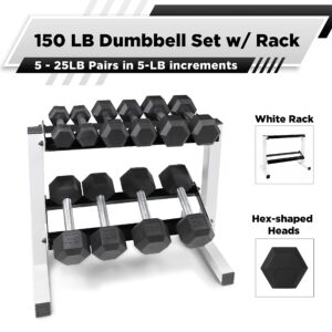 WF Athletic Supply 5-25Lb Rubber Coated Hex Dumbbell Set with Two Tier Storage Rack Non-Slip Hex Shape for Muscle Toning, Strength Building & Weight Loss, White Rack, Straight Handle