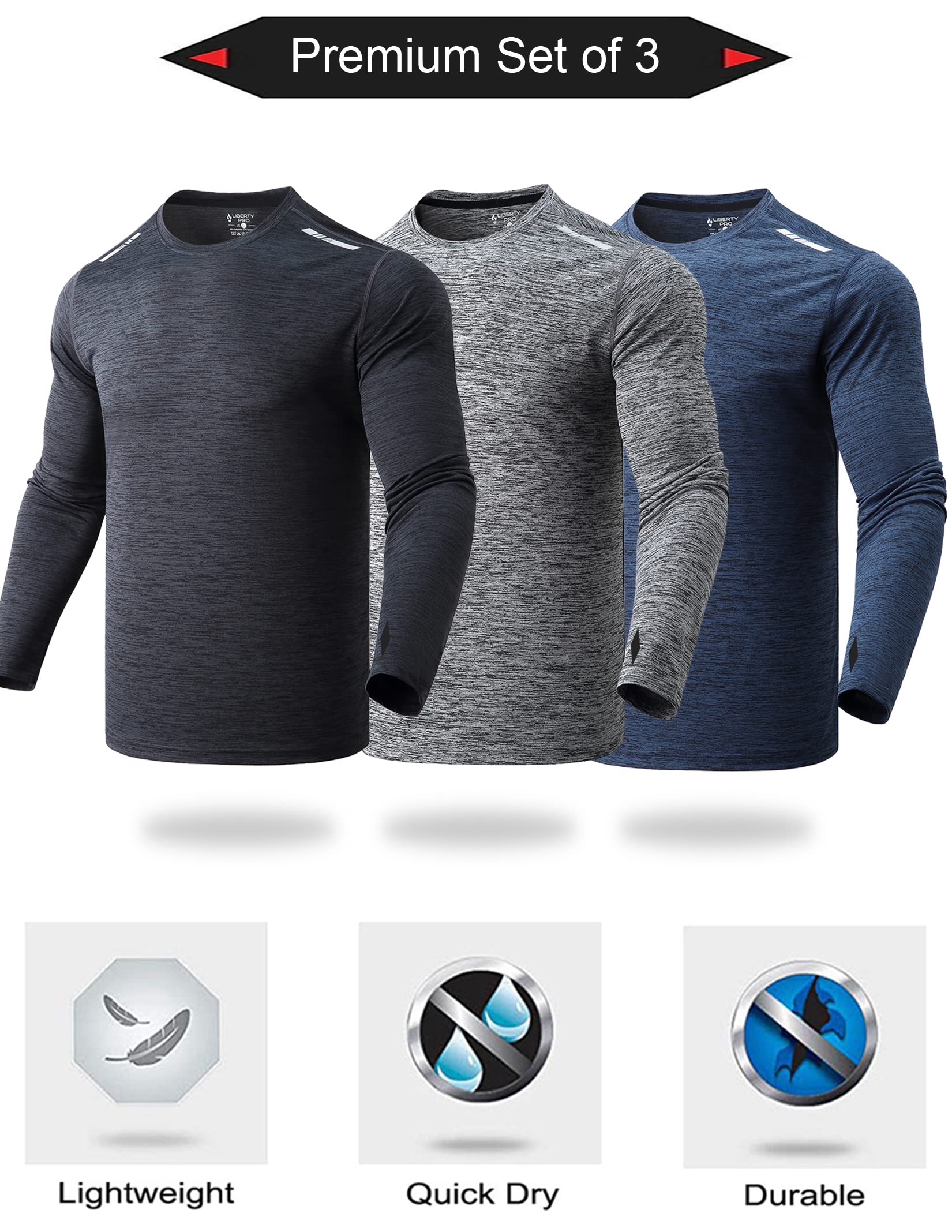 3 Pack: Men's Long Sleeve T Shirts, Dry Fit UV Sun Protection Outdoor Hiking Athletic Active Tops with Thumb Holes (Set 1, Medium)