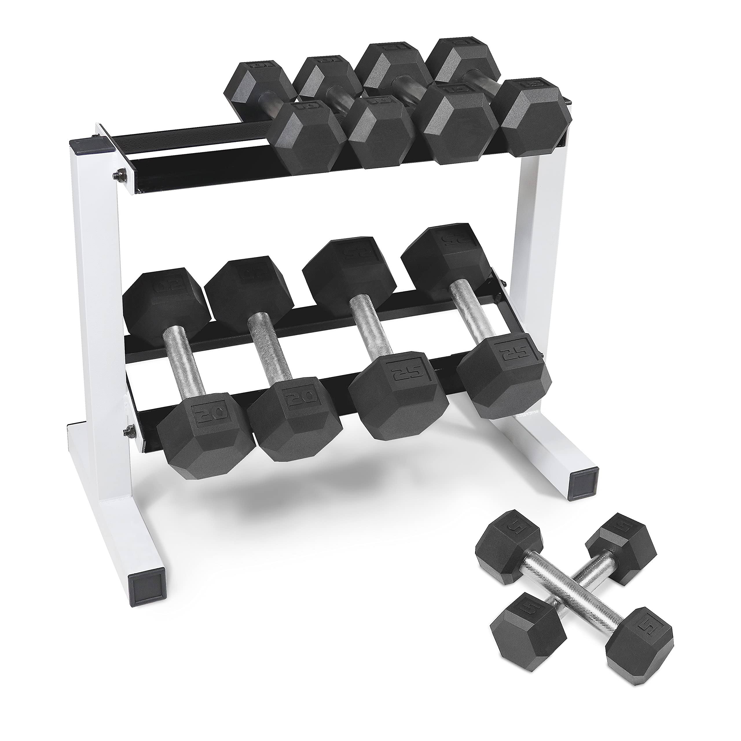 WF Athletic Supply 5-25Lb Rubber Coated Hex Dumbbell Set with Two Tier Storage Rack Non-Slip Hex Shape for Muscle Toning, Strength Building & Weight Loss, White Rack, Straight Handle